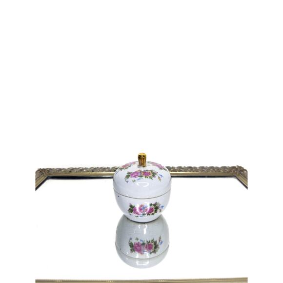 Porcelain Vanity Trinket / Jewelry Jar with Lid and Pink Rose, Yellow Flower - Picture 1 of 10